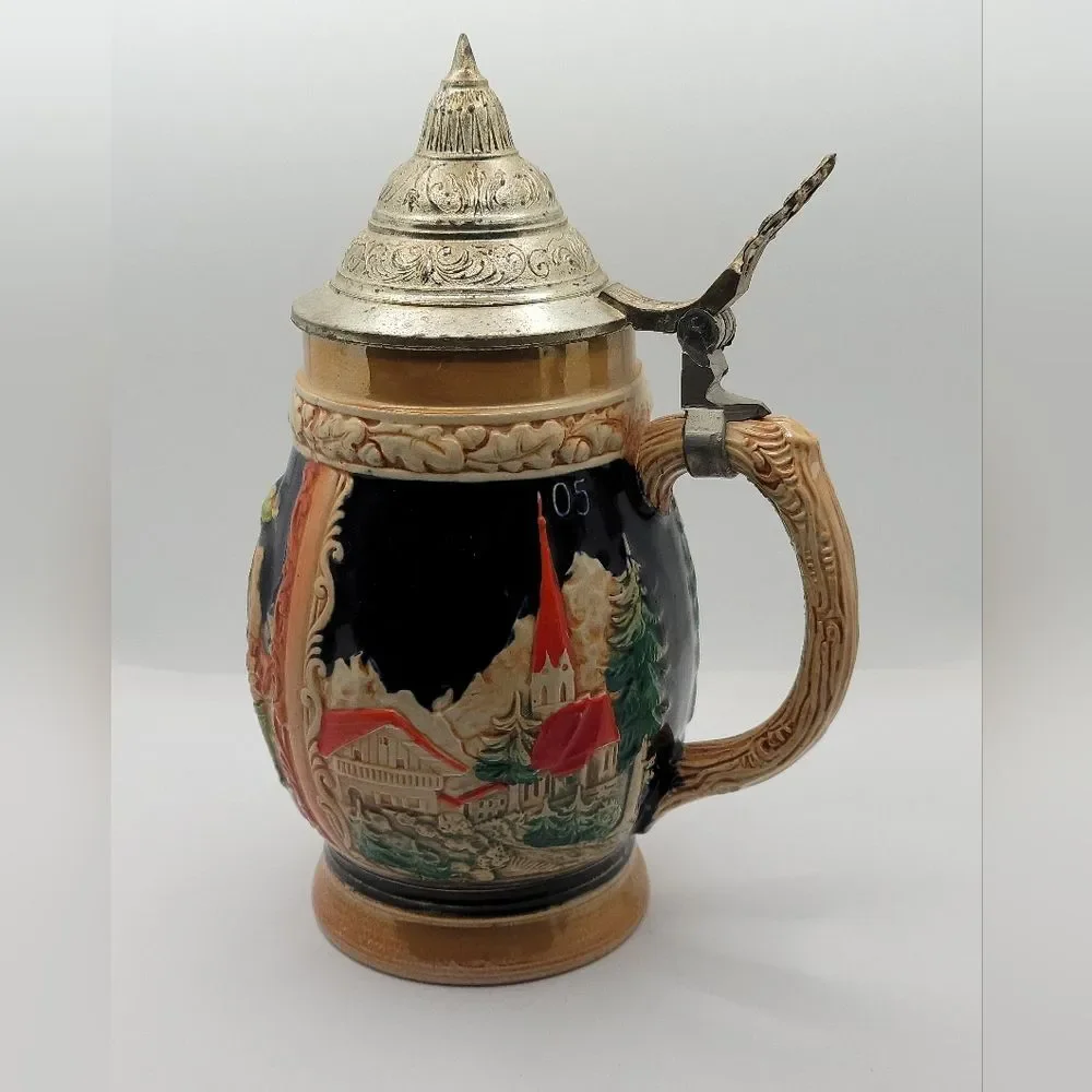 Vintage  West Germany Feierabend Pewter Lidded German Beer Stein